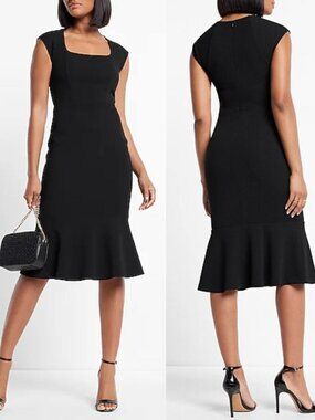 NEW Express Square Neck Peplum Midi Sheath Dress stretch fitted ruffle black L